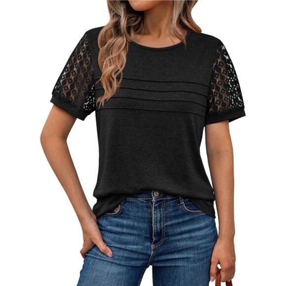 Elegant Lace Summer Top – 2025 Trendy Short Sleeve Blouse for Work & Casual - Picture 1 of 6